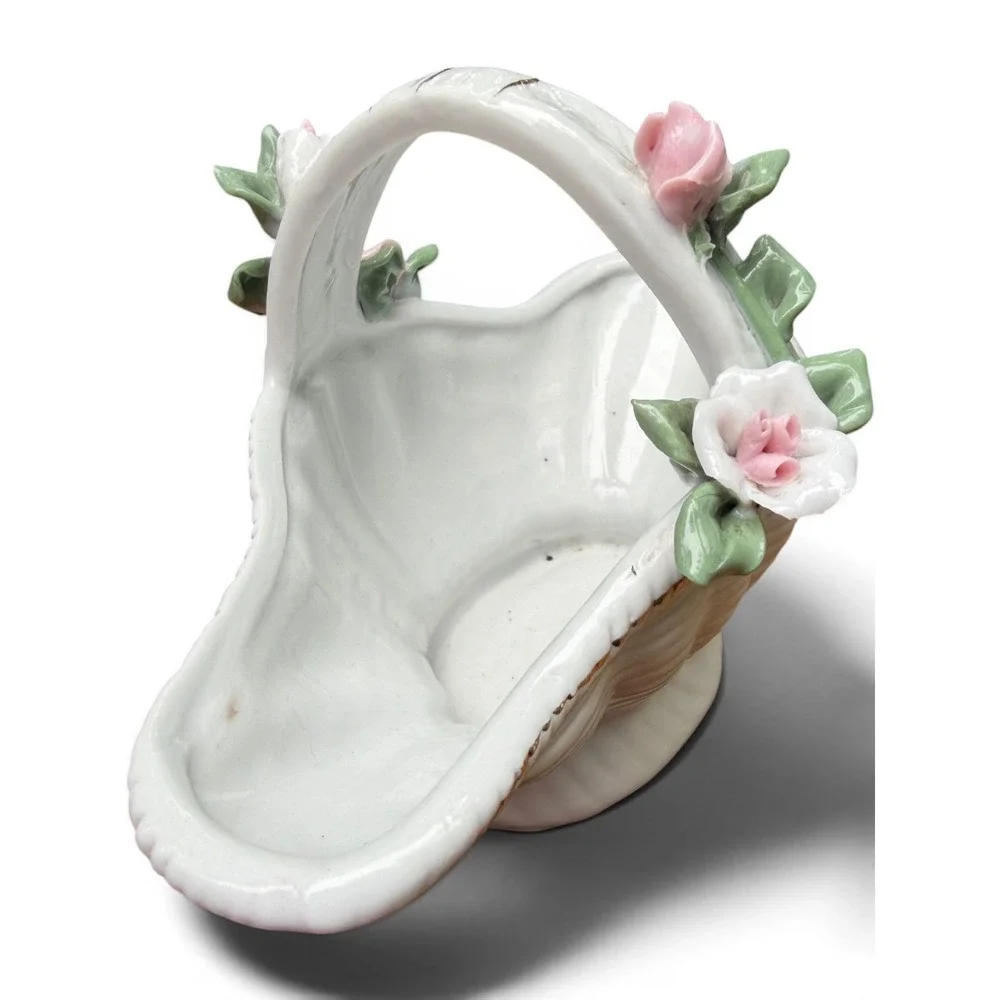 Vintage 1950s White Porcelain Basket Applied Flowers Gold Gilt Trinket Dish